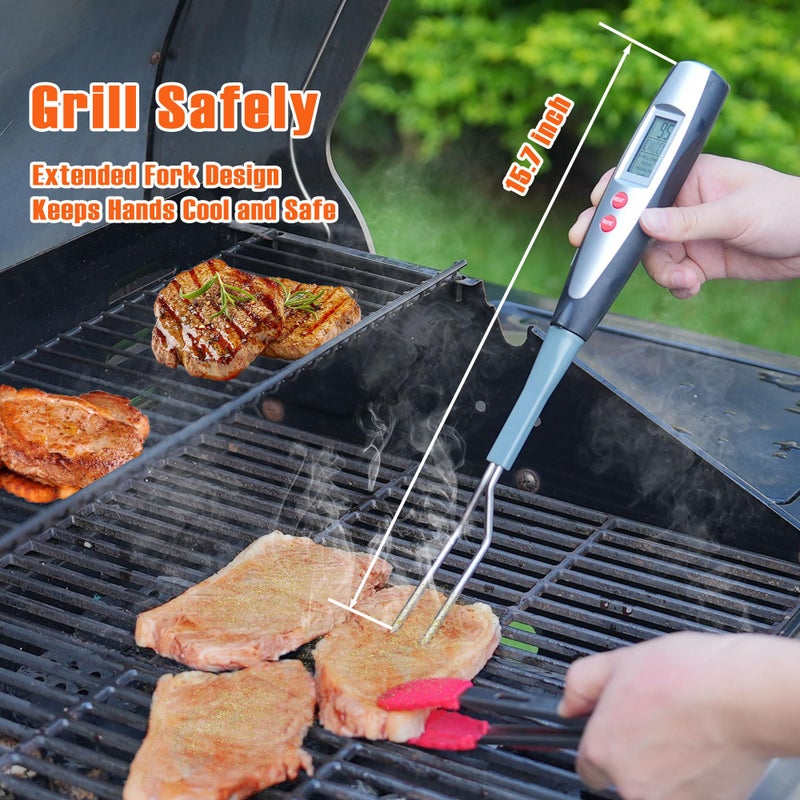 lfcforldx Meat Thermometer Fork with Electronic Ready Alarm, Digital Cooking Thermometer with Instant Read, LCD Display and Led Light, Grill Thermometers for BBQ Grilling Gadgets Steak Pork, Black - Image 2